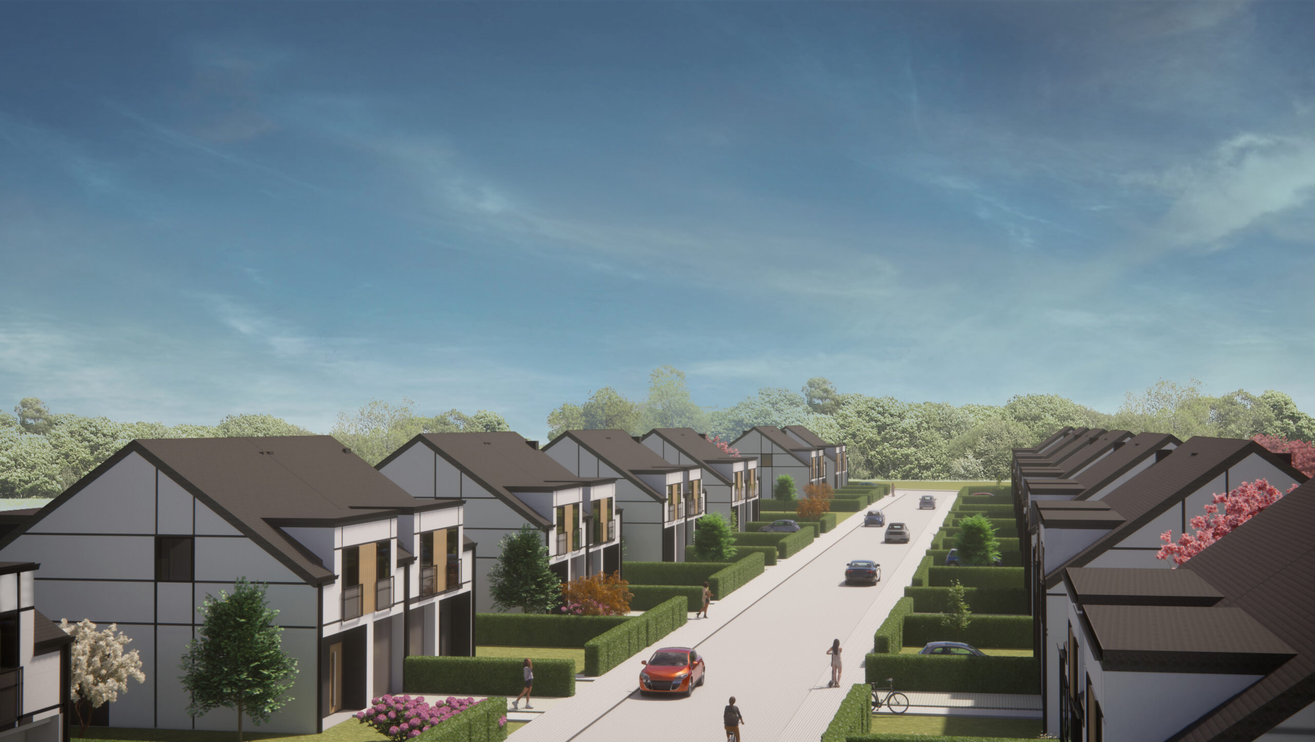 Wizualizacja architektoniczna rzędu nowoczesnych domów wzdłuż ulicy na osiedlu. Widać samochody i zieleń.